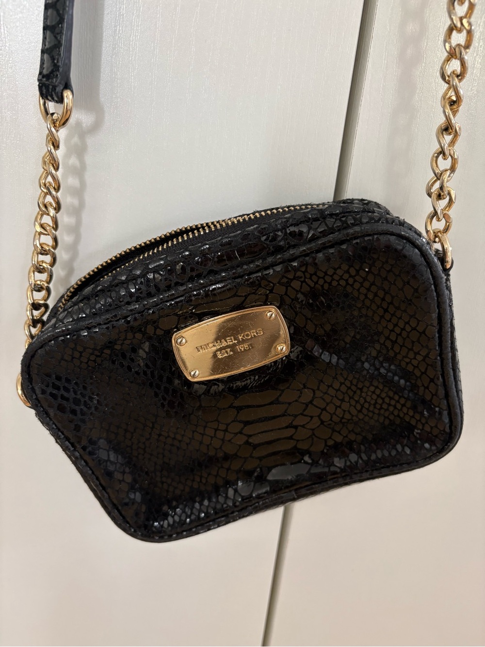 Michael Kors Black Snake-Embossed Mini Crossbody with Gold Hardware